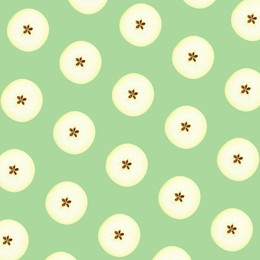 Image of Halves of fresh apple on light green background, seamless pattern