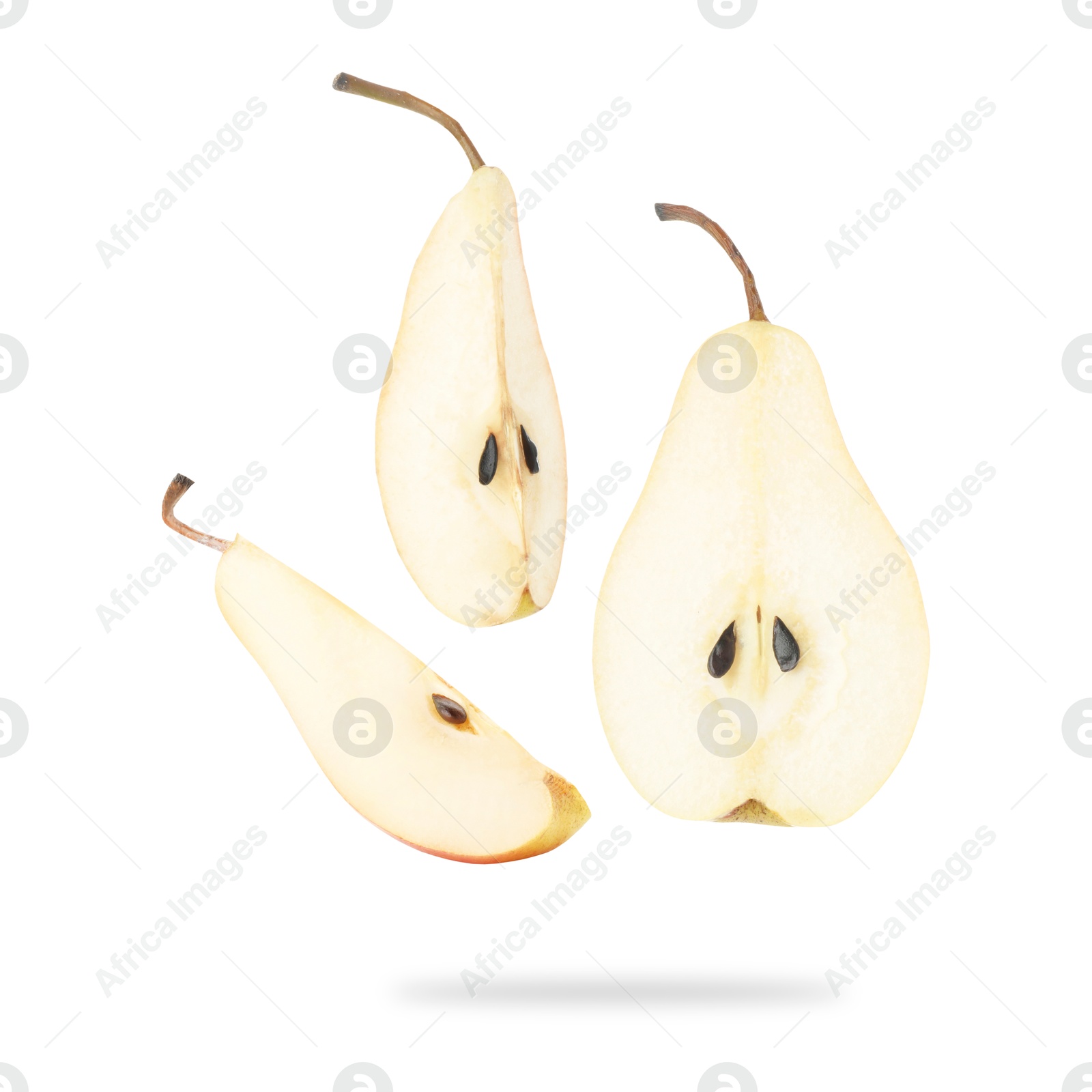 Image of Fresh sliced pears in air on white background