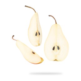 Fresh sliced pears in air on white background