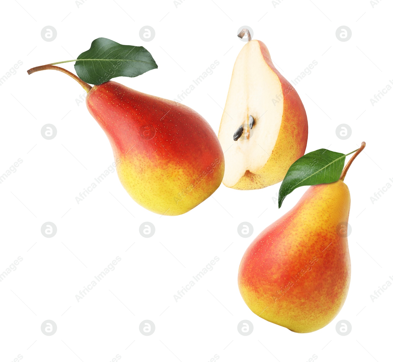 Image of Fresh juicy pears in air on white background