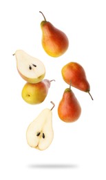 Image of Fresh juicy pears in air on white background