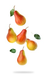 Image of Fresh juicy pears in air on white background