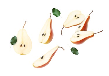 Image of Fresh sliced pears in air on white background