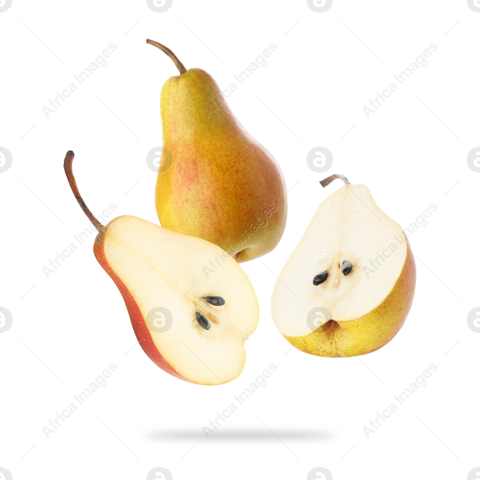 Image of Fresh juicy pears in air on white background