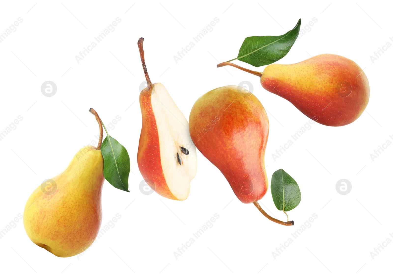 Image of Fresh juicy pears in air on white background