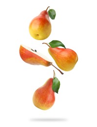 Image of Fresh juicy pears in air on white background