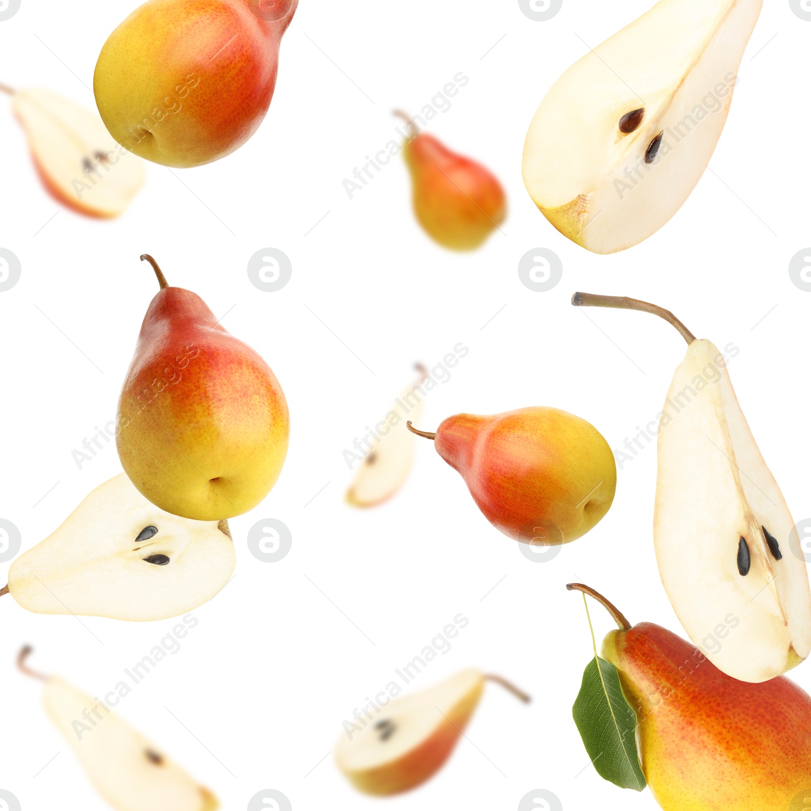 Image of Fresh juicy pears in air on white background