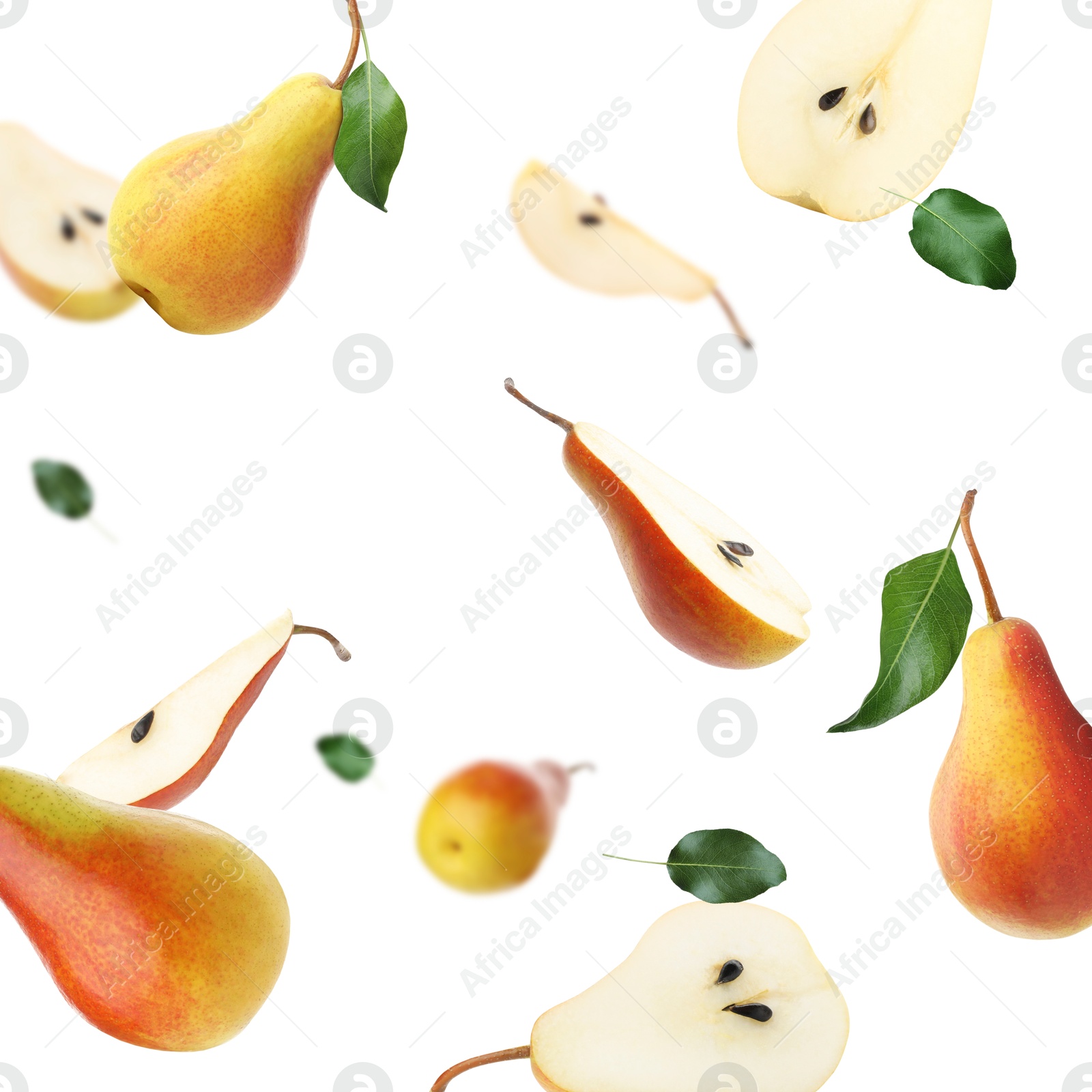 Image of Fresh juicy pears in air on white background