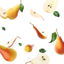 Image of Fresh juicy pears in air on white background