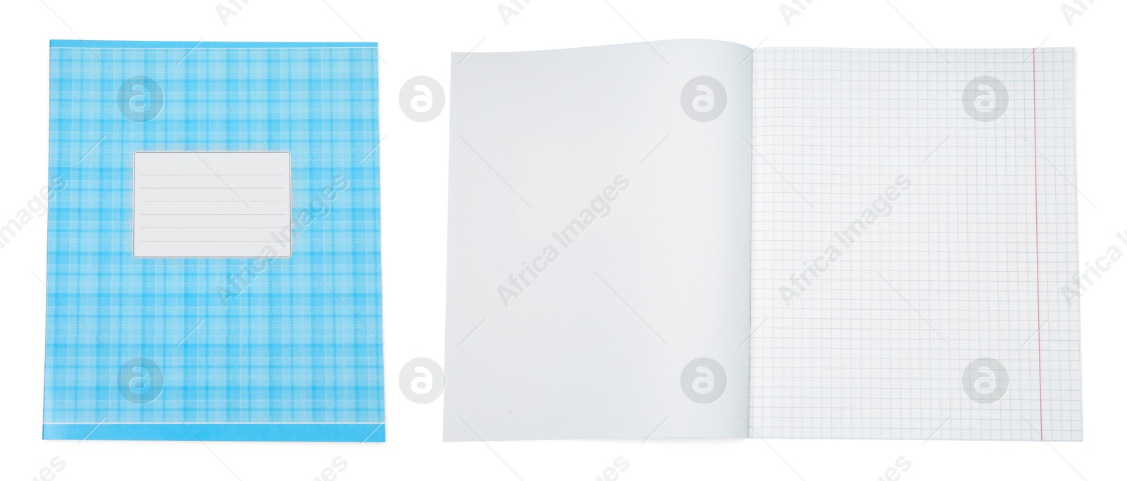 Image of Open and closed notebook on white background. School stationery