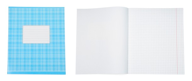 Image of Open and closed notebook on white background. School stationery