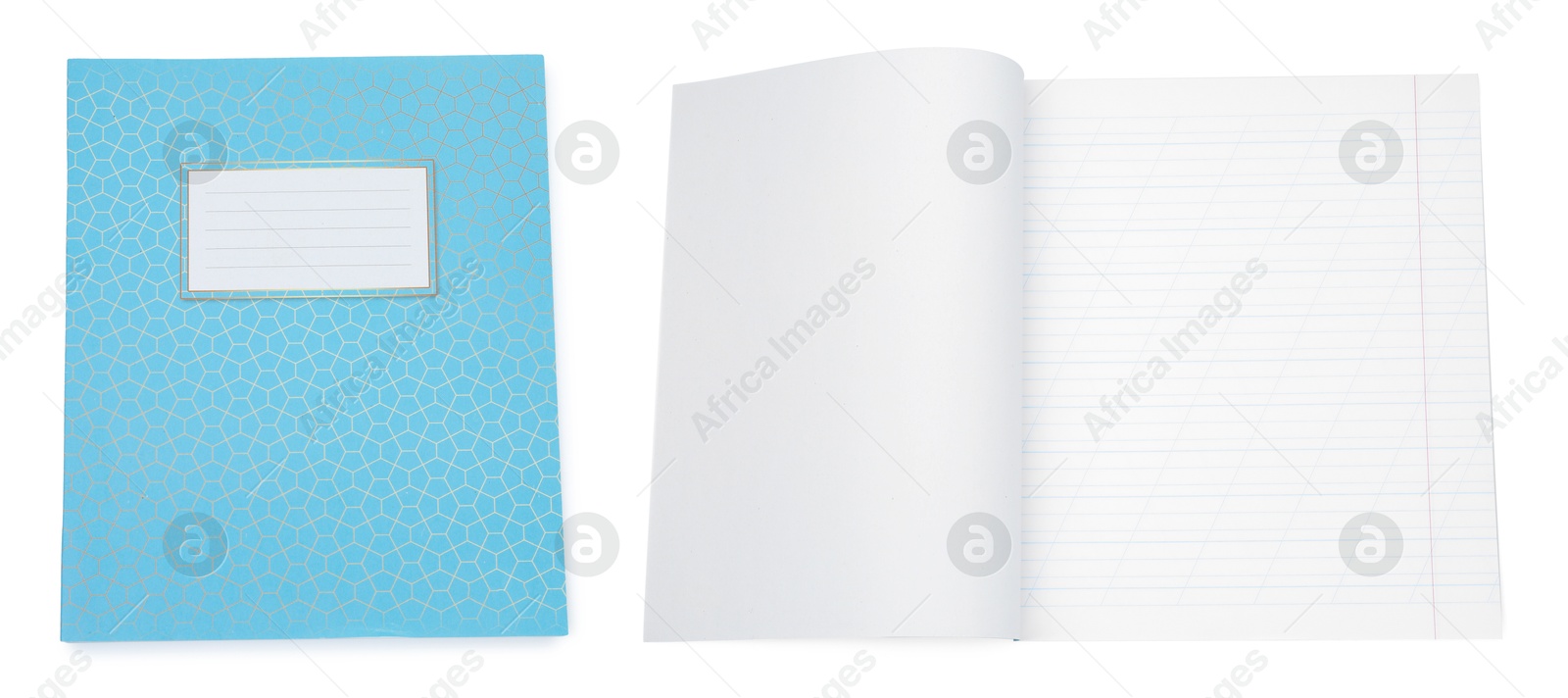 Image of Open and closed notebook on white background. School stationery