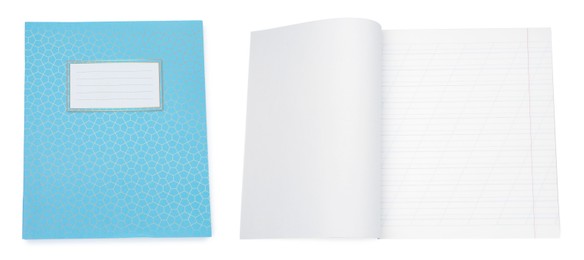 Image of Open and closed notebook on white background. School stationery