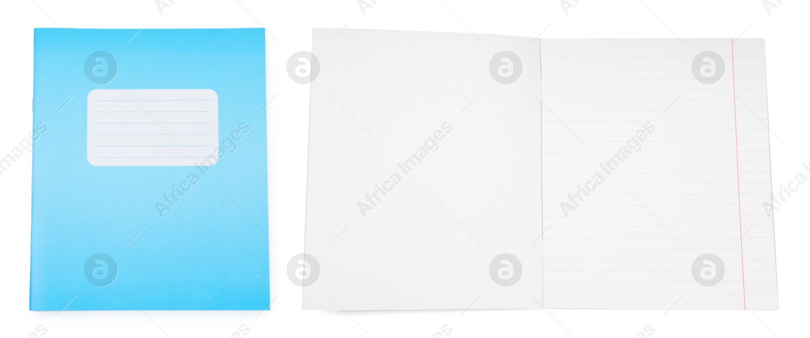 Image of Open and closed notebook on white background. School stationery