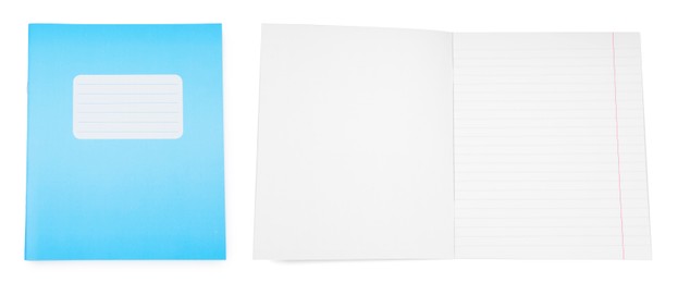 Image of Open and closed notebook on white background. School stationery