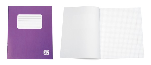 Image of Open and closed notebook on white background. School stationery