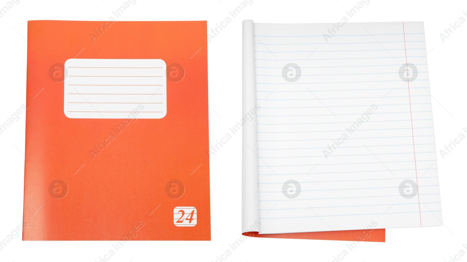 Image of Open and closed notebook on white background. School stationery