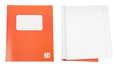 Image of Open and closed notebook on white background. School stationery