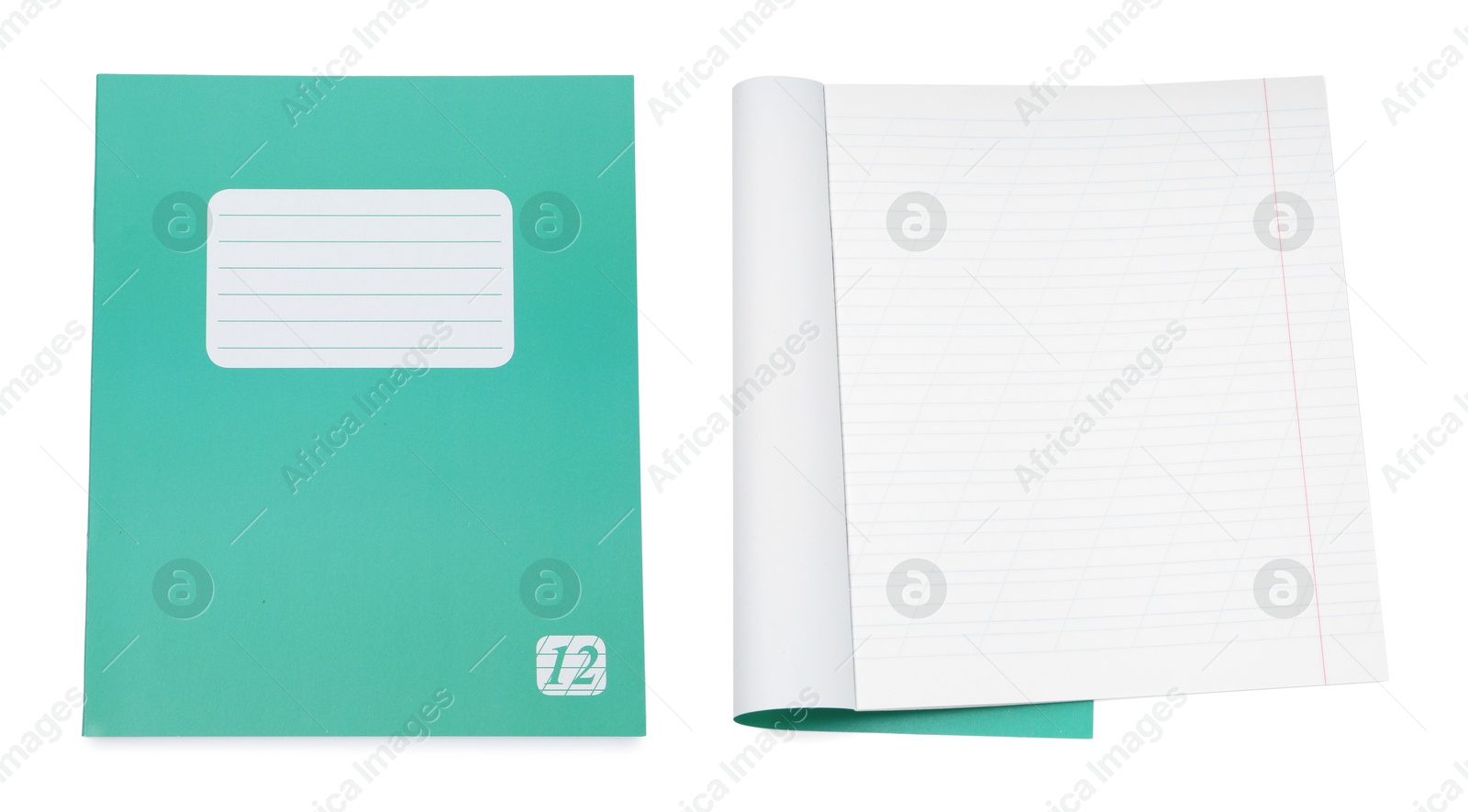 Image of Open and closed notebook on white background. School stationery