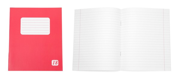 Image of Open and closed notebook on white background. School stationery