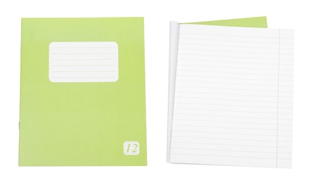 Image of Open and closed notebook on white background. School stationery