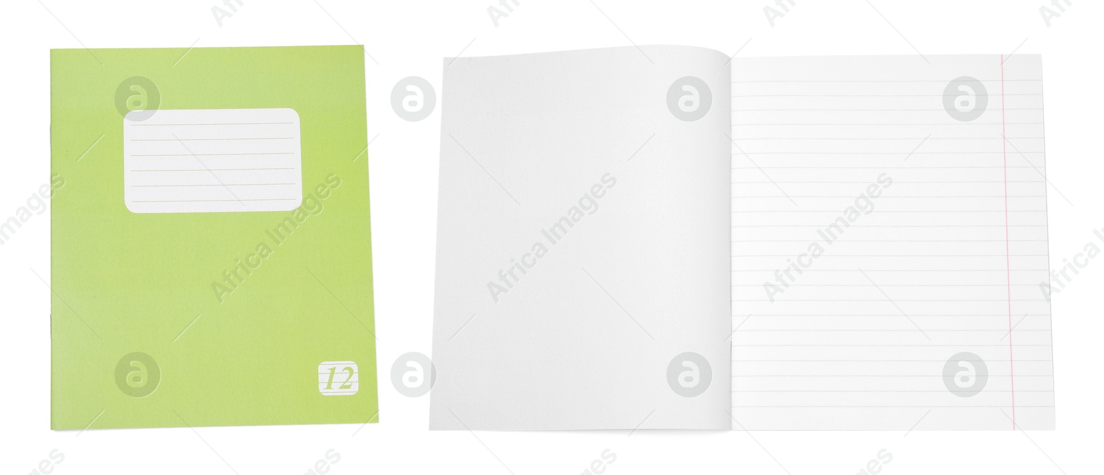 Image of Open and closed notebook on white background. School stationery