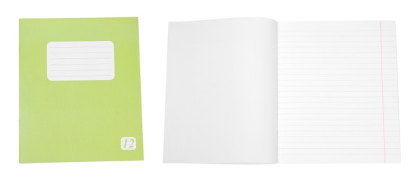 Image of Open and closed notebook on white background. School stationery