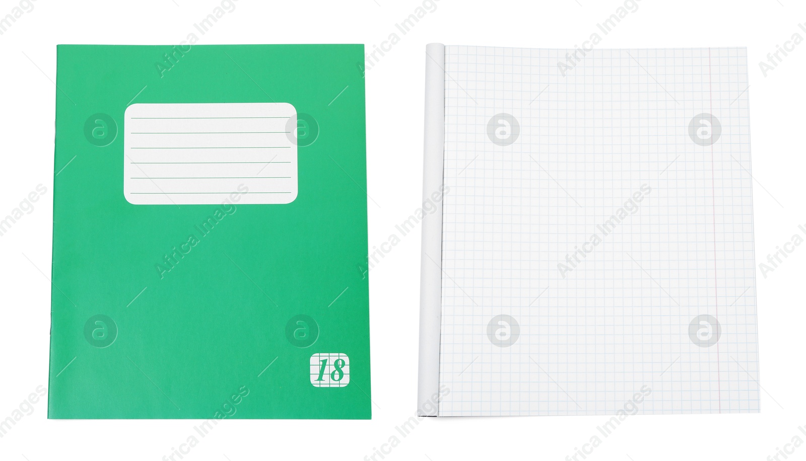 Image of Open and closed notebook on white background. School stationery