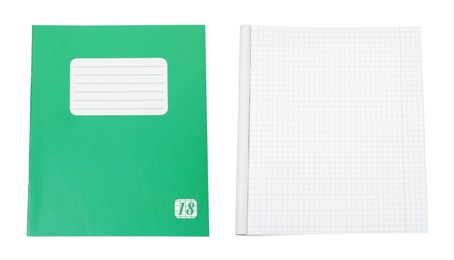 Image of Open and closed notebook on white background. School stationery