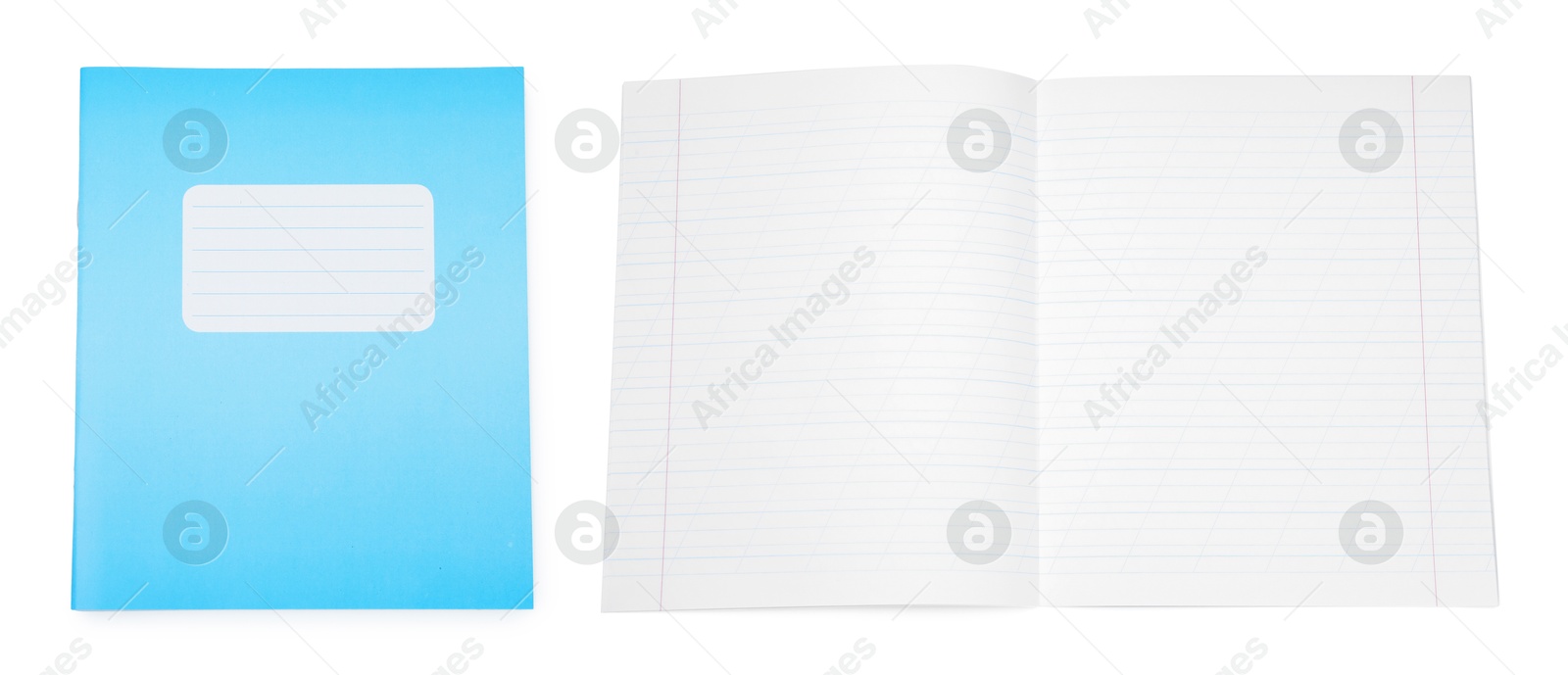 Image of Open and closed notebook on white background. School stationery