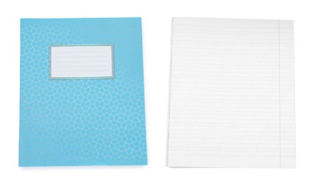 Image of Open and closed notebook on white background. School stationery