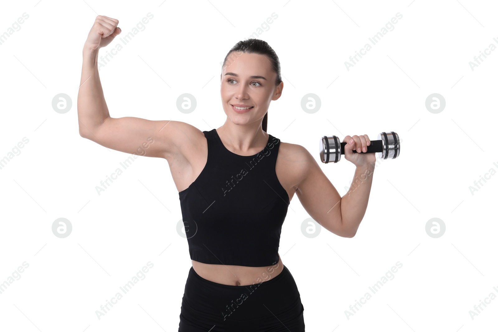 Photo of Woman exercising with dumbbell on white background