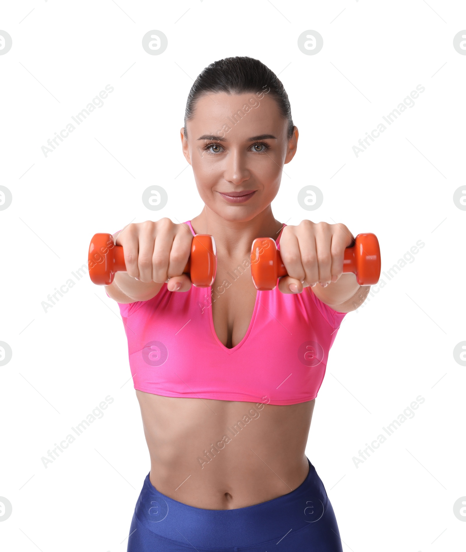 Photo of Woman exercising with dumbbells on white background