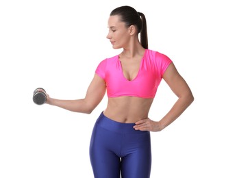 Photo of Woman exercising with dumbbell on white background