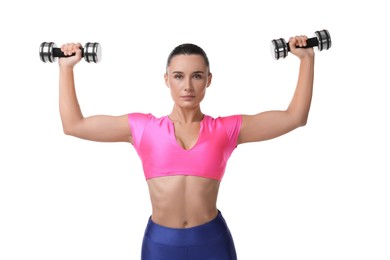 Photo of Woman exercising with dumbbells on white background