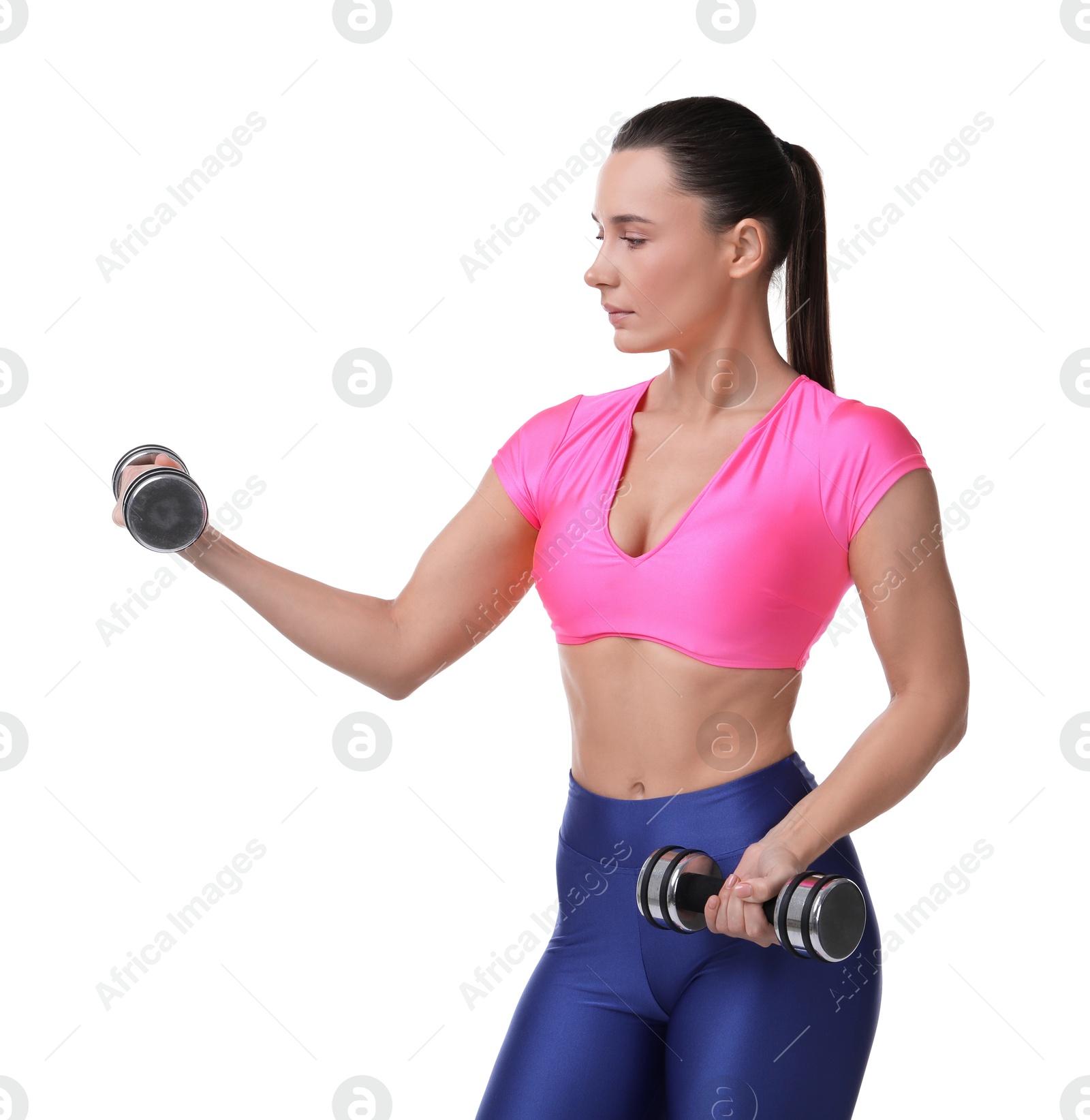 Photo of Woman exercising with dumbbells on white background