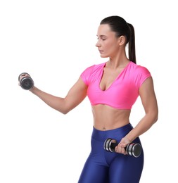 Photo of Woman exercising with dumbbells on white background