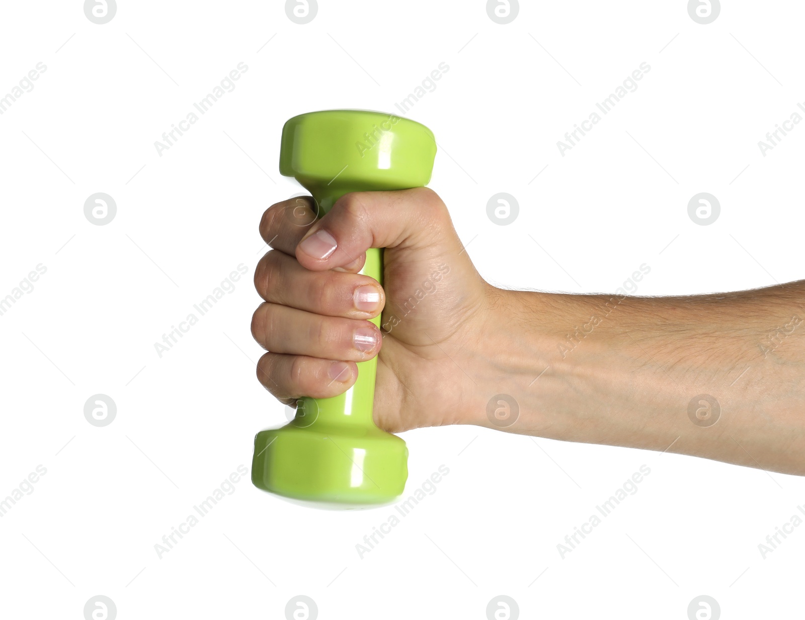 Photo of Man exercising with dumbbell on white background, closeup