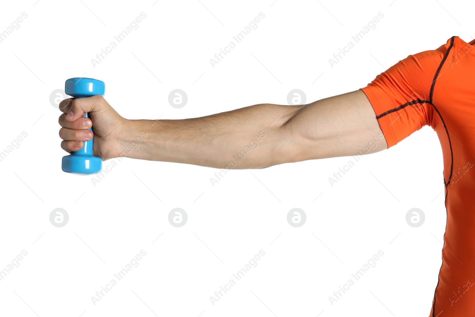 Photo of Man exercising with dumbbell on white background, closeup