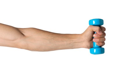 Photo of Man exercising with dumbbell on white background, closeup