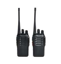 Photo of Two black walkie talkies isolated on white