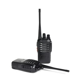 Photo of Two black walkie talkies on white background