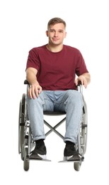 Photo of Young man in wheelchair on white background