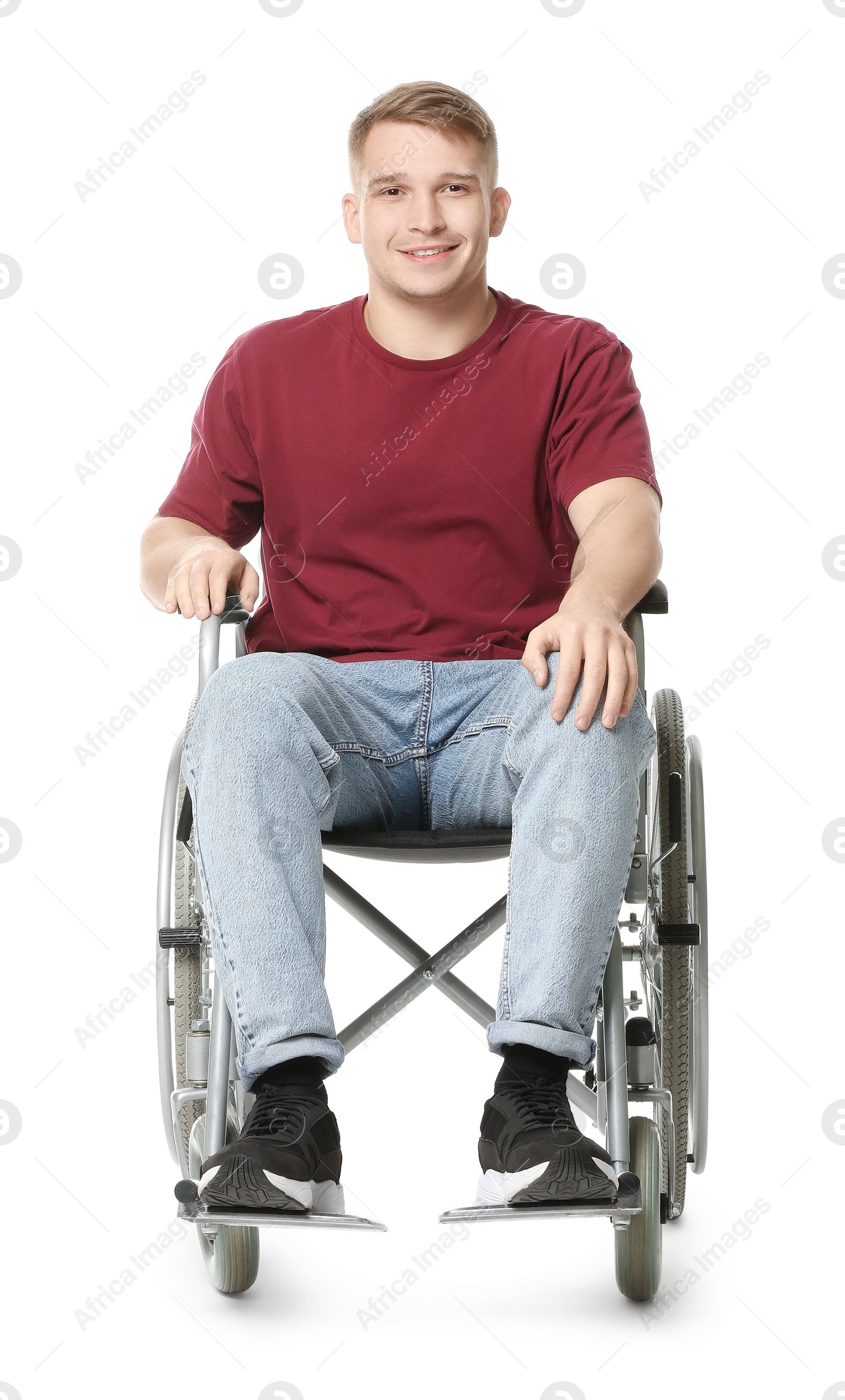 Photo of Smiling man in wheelchair on white background