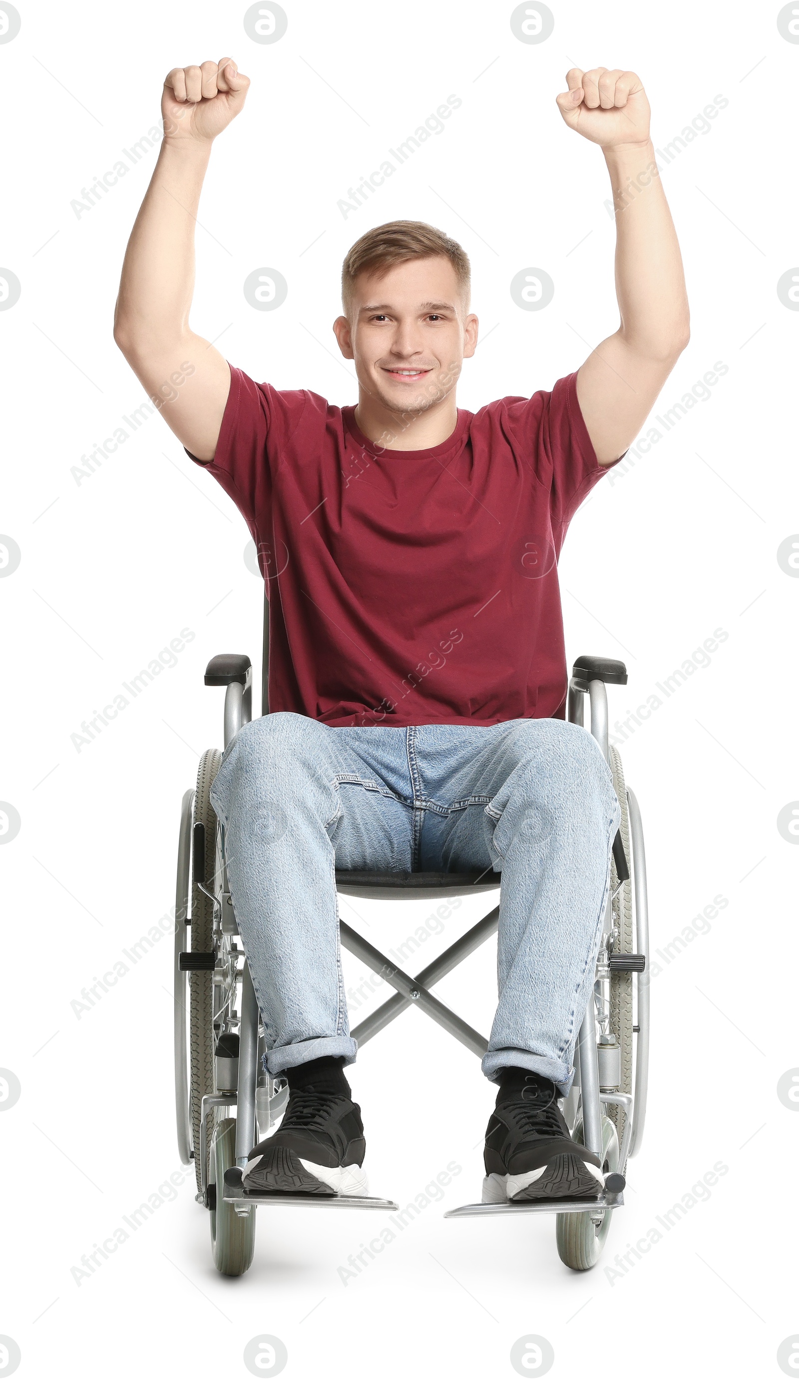 Photo of Smiling man in wheelchair on white background