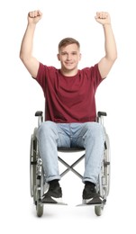 Photo of Smiling man in wheelchair on white background