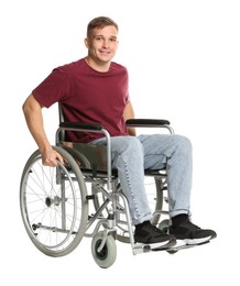 Photo of Smiling man in wheelchair on white background