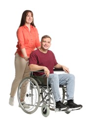 Photo of Caregiver with man in wheelchair on white background