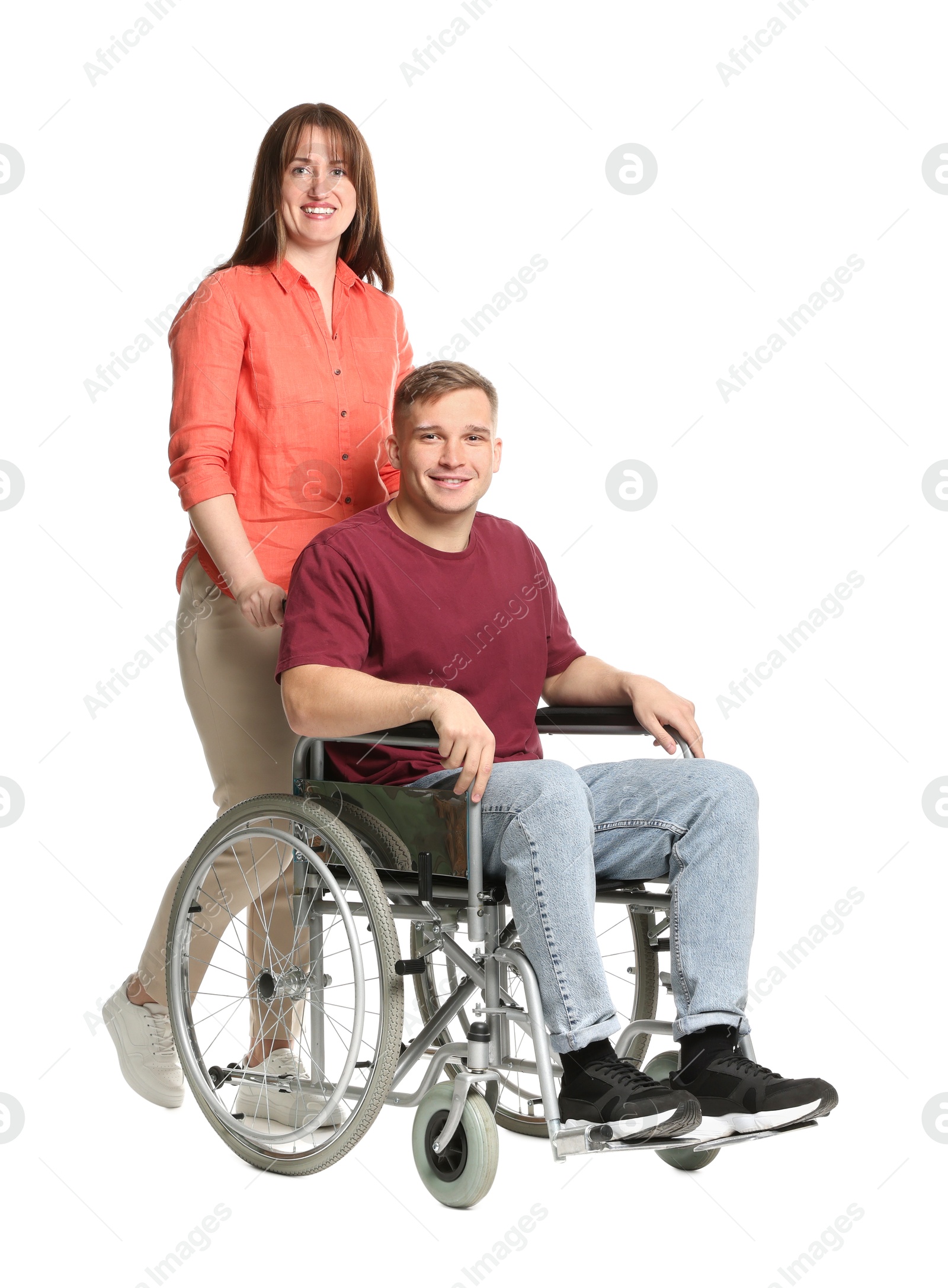 Photo of Caregiver with man in wheelchair on white background