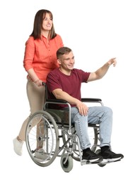 Photo of Caregiver with man in wheelchair on white background